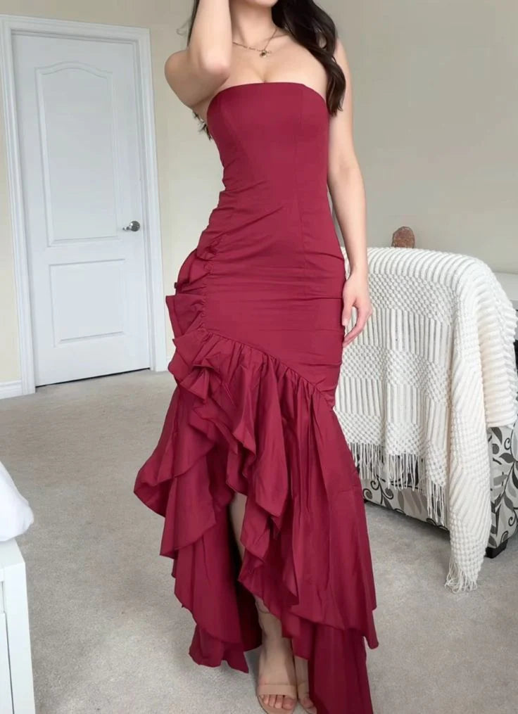 Vestidos de fiesta formales de sirena sin tirantes, de corte alto y bajo